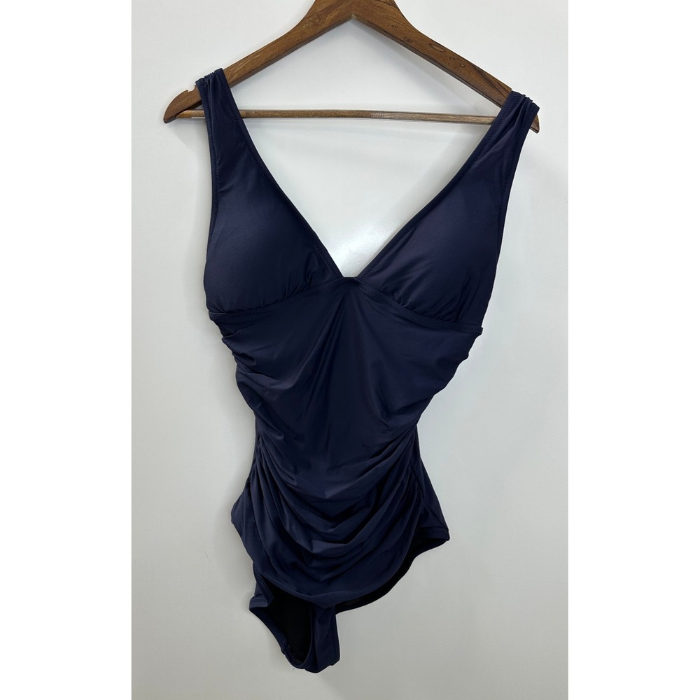 J.Crew Navy Blue Ruched Deep V-Neck One Piece Swimsuit Size 10 Stretch Lined - Picture 2 of 16